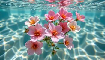 an underwater shot of flowers drifting in clear water. photo