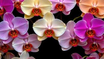 a black background highlighting colorful orchid blooms. photo