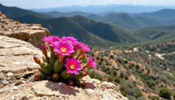a cactus with bright pink blossoms on a rocky ledge. photo
