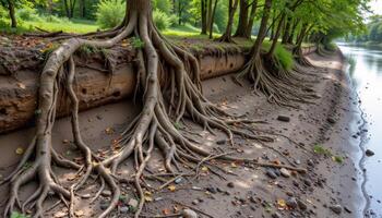 a massive tree root system exposed along a riverbank. photo