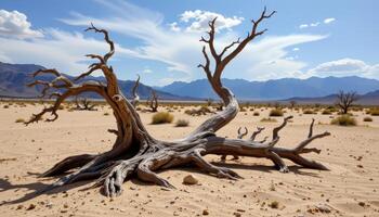 ancient petrified trees lying across a desert. photo