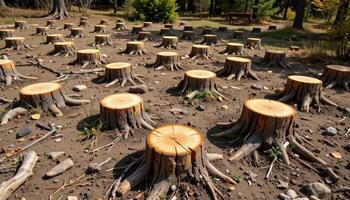 tree stumps arranged in patterns across a clearing. photo
