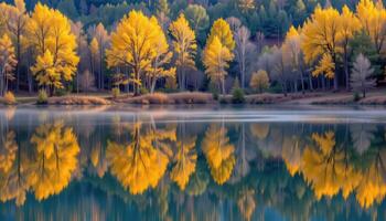 reflections of trees in a mirror like lake. photo