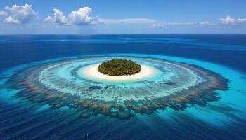 a small island surrounded by coral blue sea. photo