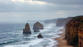 a dramatic coastline with jagged sea stacks. photo