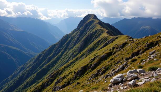 a narrow mountain ridge with clouds passing below. photo