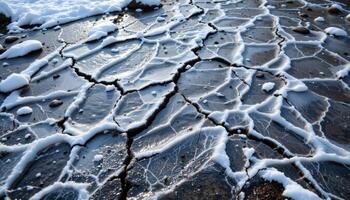 a frozen stream with cracks forming intricate patterns. photo
