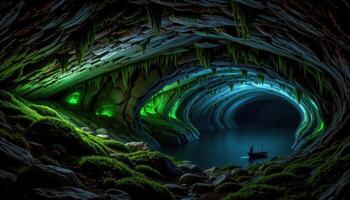 a glowing cave with bioluminescent moss on the walls. photo