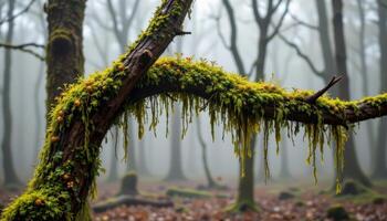 moss hanging from trees in a misty woodland. photo