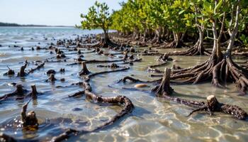 a maze of mangrove roots in low tide. photo