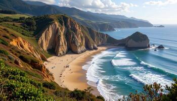 a crescent beach backed by towering cliffs. photo