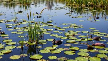 a peaceful wetland with lily pads and reeds. photo