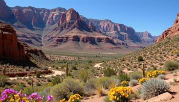 a canyon floor scattered with desert flora. photo