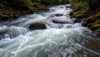 a wild river rushing between mossy banks. photo