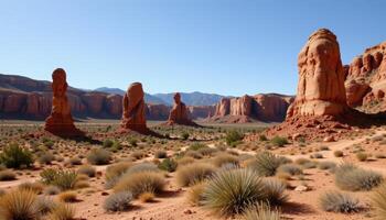 eroded sandstone pillars in a desert landscape. photo