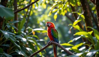 a jungle glade with a parrot perched in dappled sunlight. photo