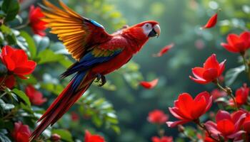 a parrot mid flight past falling red jungle petals. photo