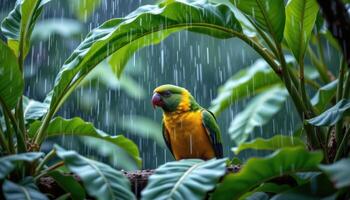 a parrot resting beneath giant jungle leaves during rainfall. photo