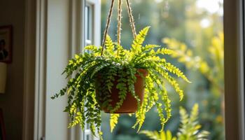 a hanging pot of ferns in soft morning light. photo