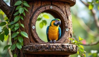 a parrot resting inside a spiral treehouse balcony. photo