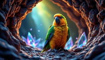 a parrot sitting in a cave lit by glowing crystals. photo