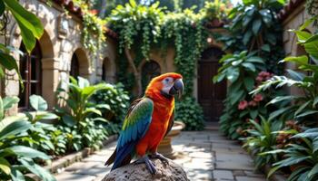 a parrot in a stone courtyard overgrown with jungle. photo