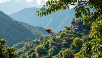 a parrot mid flight above layered jungle terraces. photo