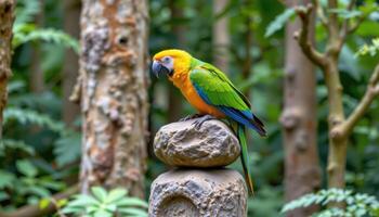 a parrot resting on a natural stone totem in the forest. photo