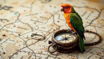 a parrot perched on an old jungle compass. photo