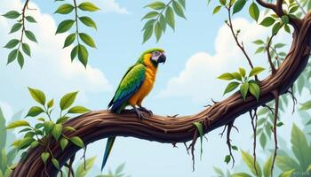 a parrot standing on a twisted jungle root bridge. photo