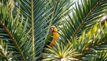 a parrot hidden among spiky palm fronds. photo