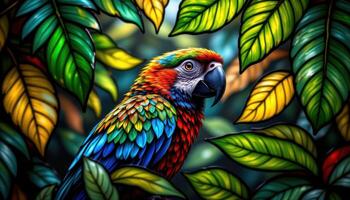 a parrot framed by glowing stained glass jungle leaves. photo