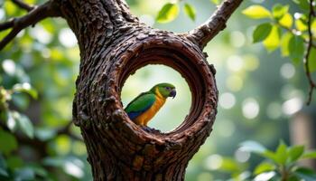 un loro dentro un en espiral árbol túnel. foto