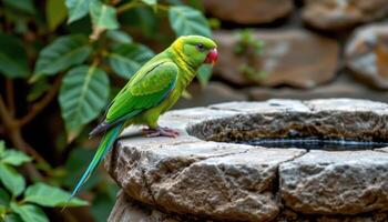 a parrot perched on the edge of a stone well. photo