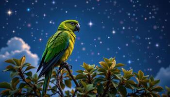 a parrot perched on a tree under a star filled sky. photo