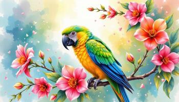 a watercolor painting of a parrot in spring bloom. photo