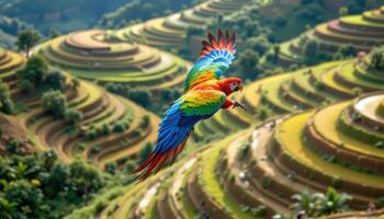 a colorful parrot soaring over terraced rice fields. photo
