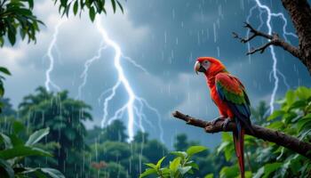 a parrot on a tree branch during a jungle thunderstorm. photo