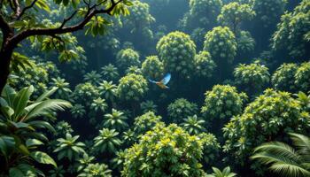 a jungle canopy viewed from above with a parrot flying. photo