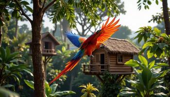 a parrot flying over jungle treehouses. photo