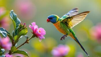 a parrot hovering near a flower dripping with dew. photo