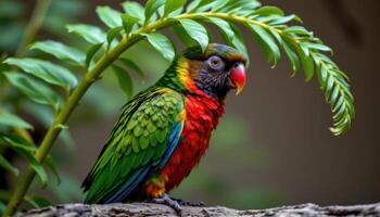 a parrot sitting under a curling fern leaf. photo