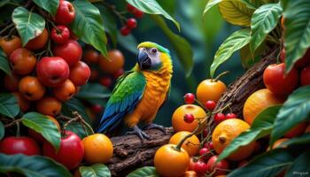 a parrot camouflaged among vibrant jungle fruits. photo