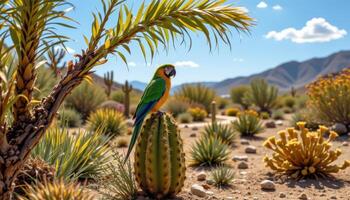 a parrot resting on a cactus in a desert oasis. photo