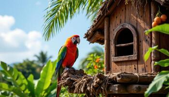 a parrot sitting atop a tropical treehouse. photo