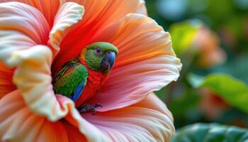 a parrot peeking out from a giant flower bud. photo