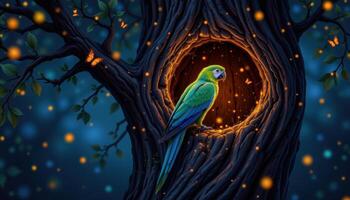 a parrot inside a hollow tree glowing with fireflies. photo