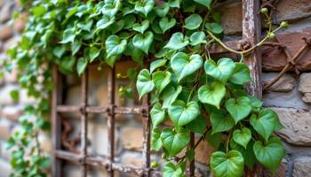 an ornamental ivy plant climbing a rustic trellis. photo