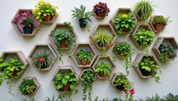 a grid of hexagonal wall planters filled with vibrant greenery. photo