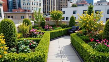 a rooftop garden with ornamental hedges. photo